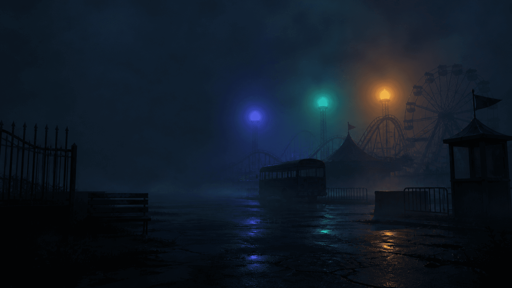 Original atmospheric amusement park artwork for the Rainbow Friends Chapter 3 status wiki